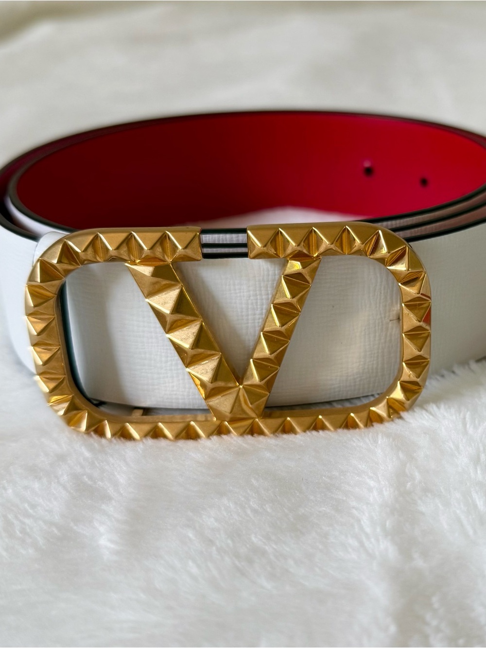 Valentino Reversible White and Red Leather Belt with Gold Rockstud V Buckle